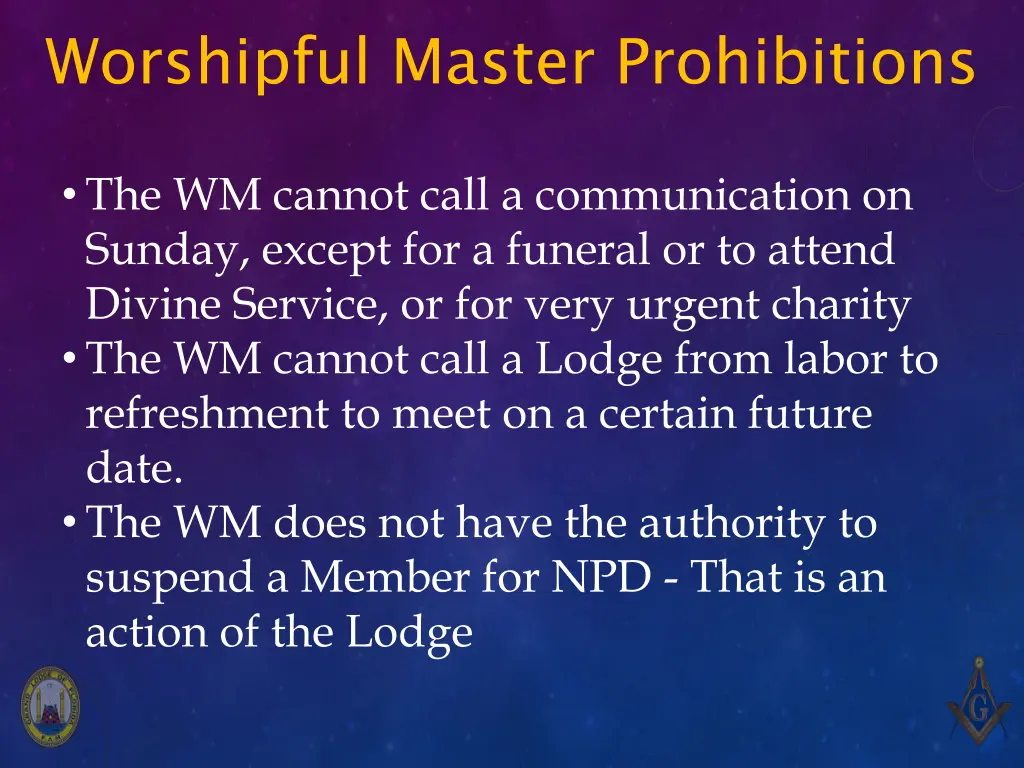 worshipful master prohibitions 4