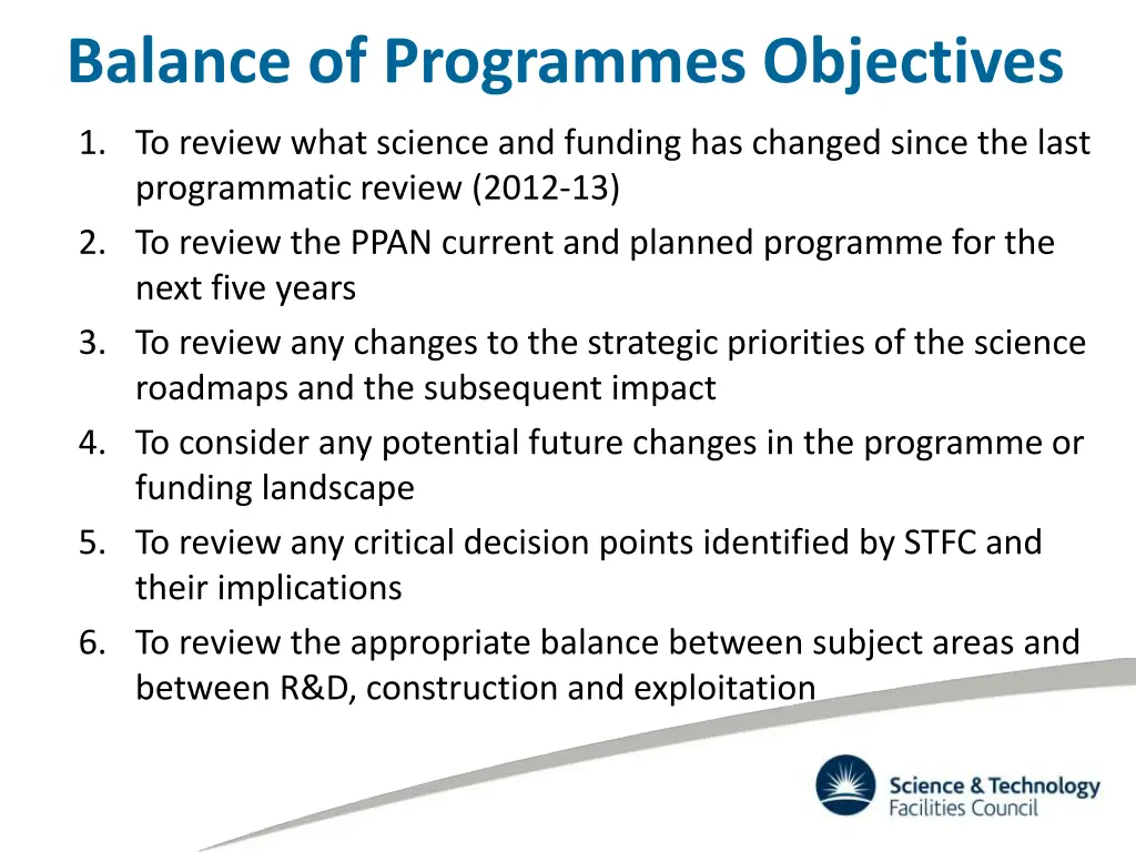 balance of programmes objectives