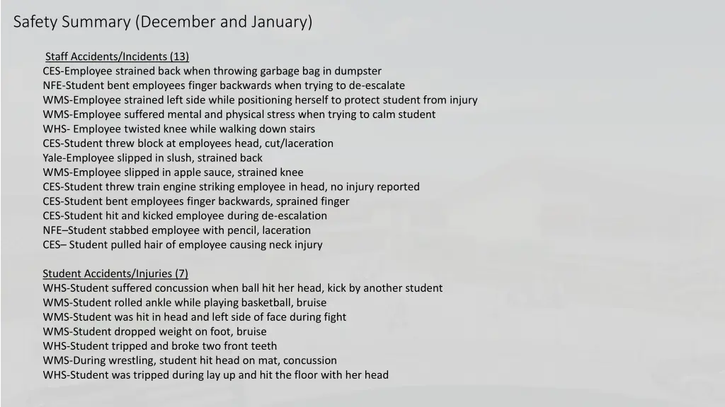 safety summary december and january