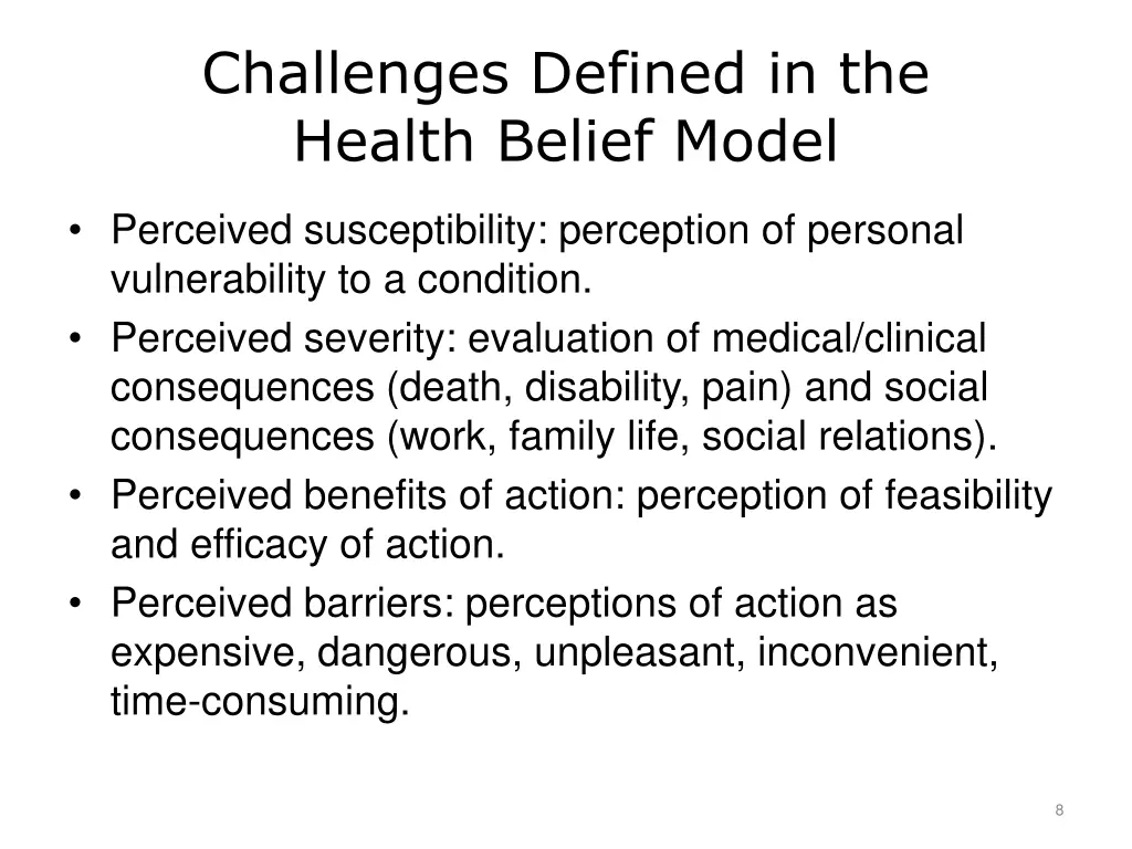 challenges defined in the health belief model