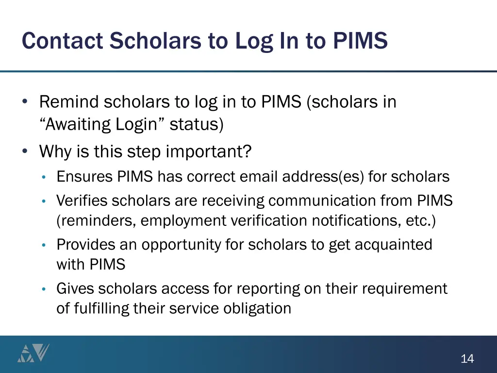 contact scholars to log in to pims