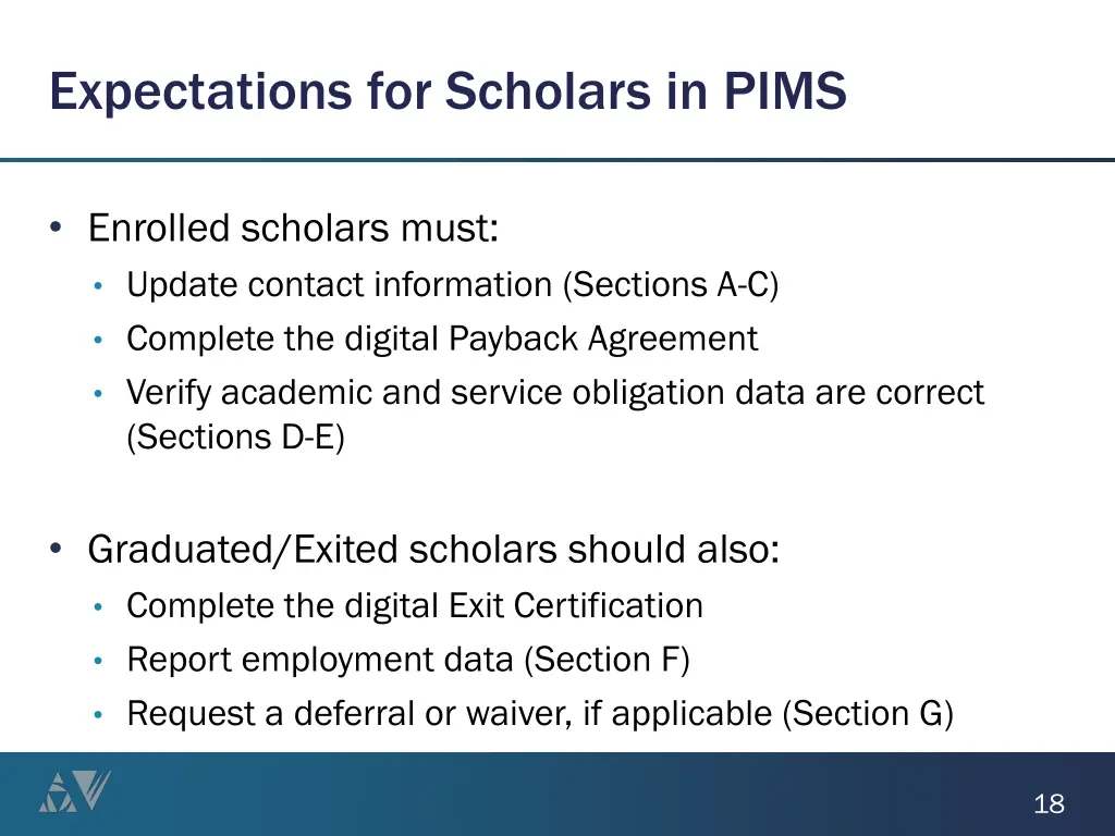 expectations for scholars in pims