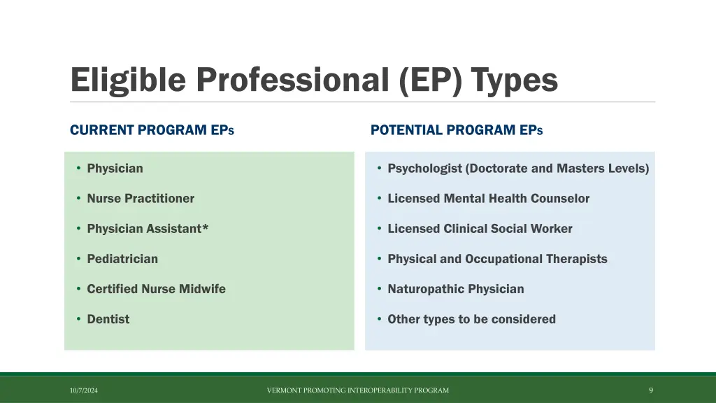 eligible professional ep types