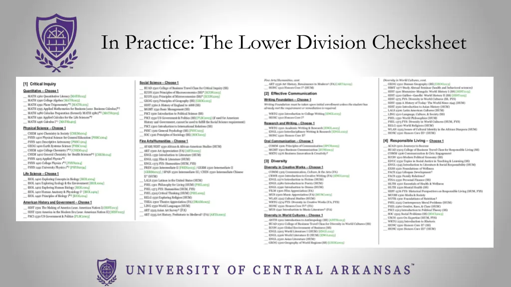 in practice the lower division checksheet