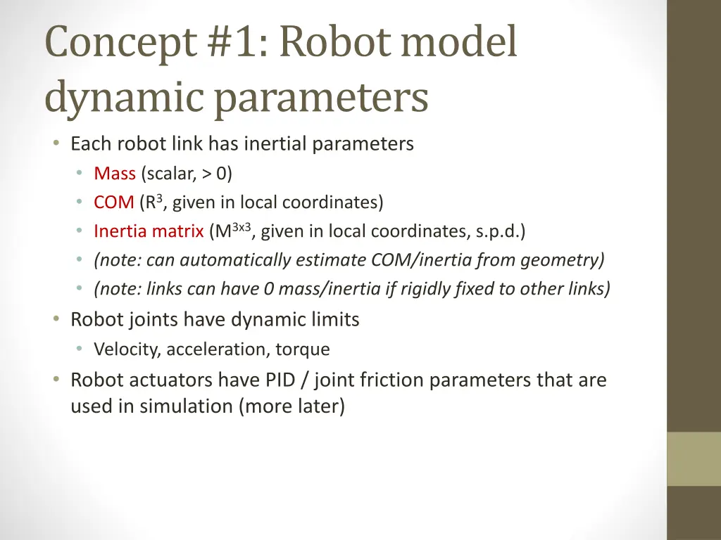 concept 1 robot model dynamic parameters each