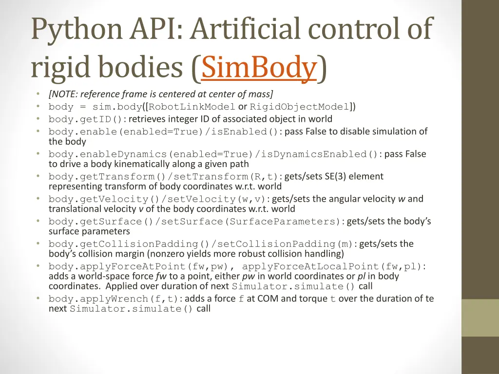 python api artificial control of rigid bodies