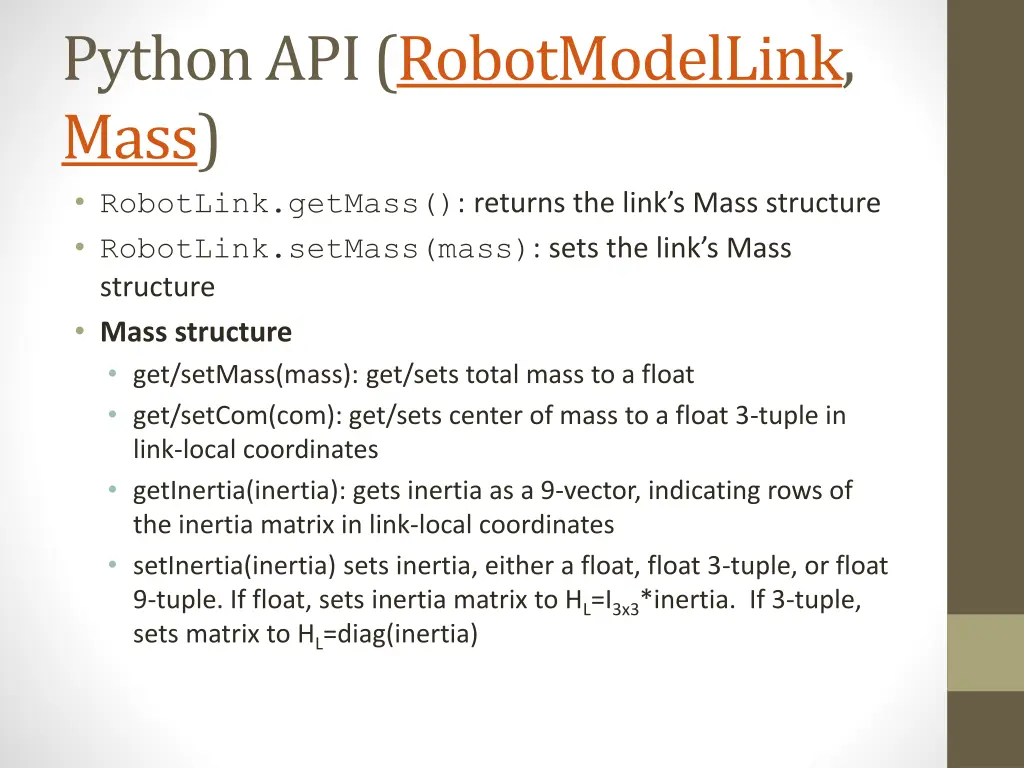 python api robotmodellink mass robotlink getmass