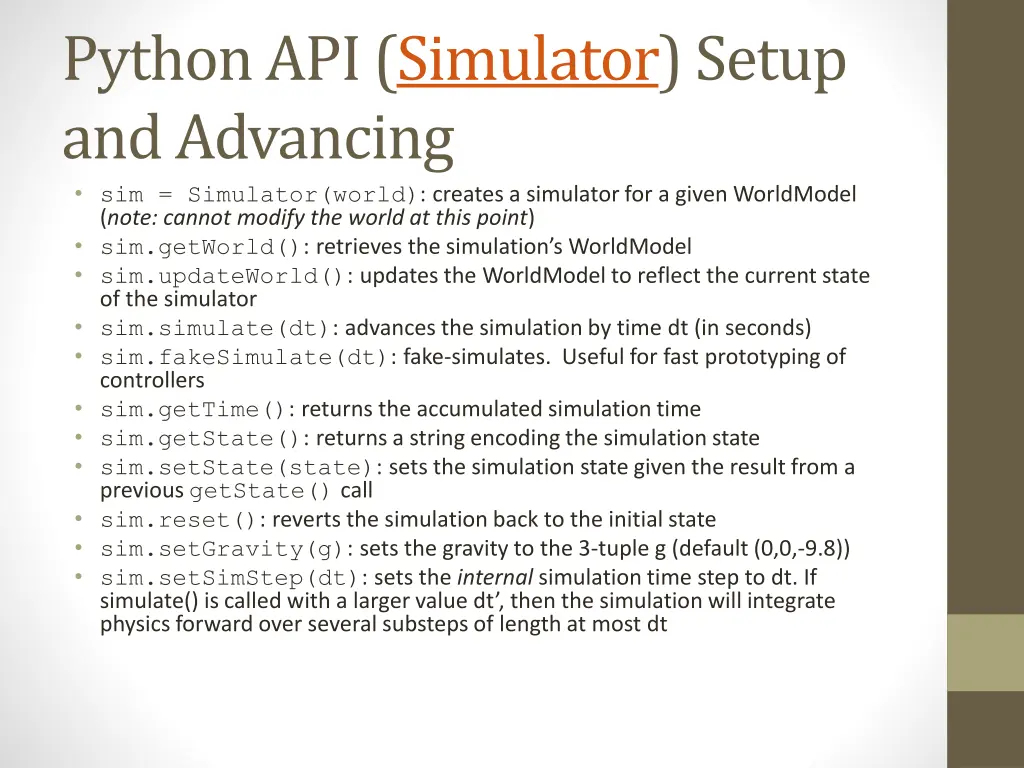 python api simulator setup and advancing