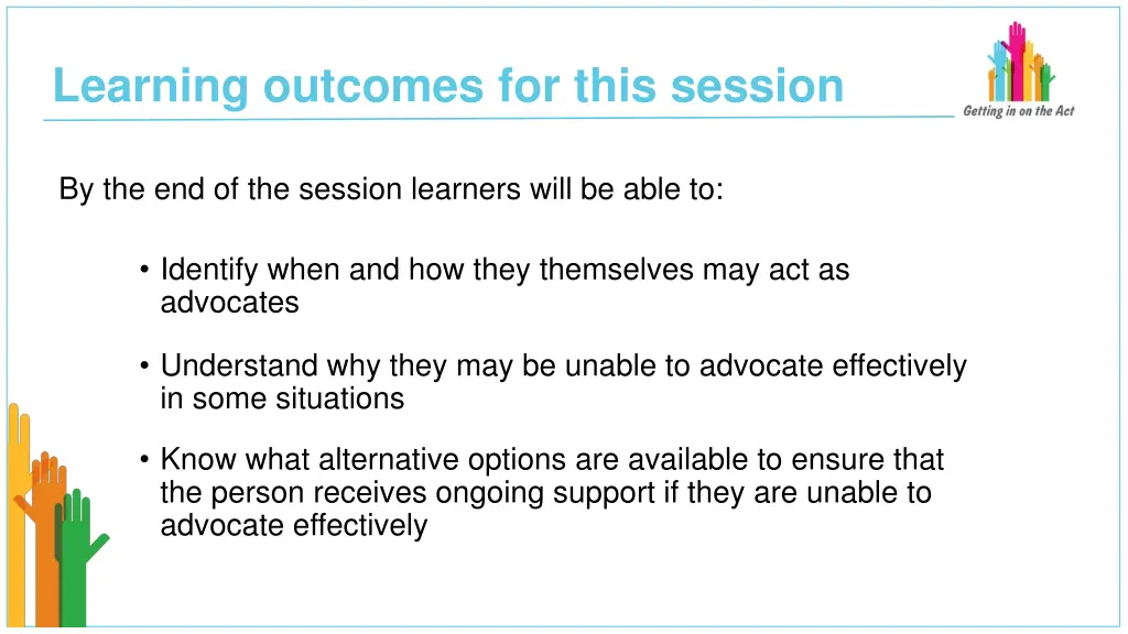 learning outcomes for this session