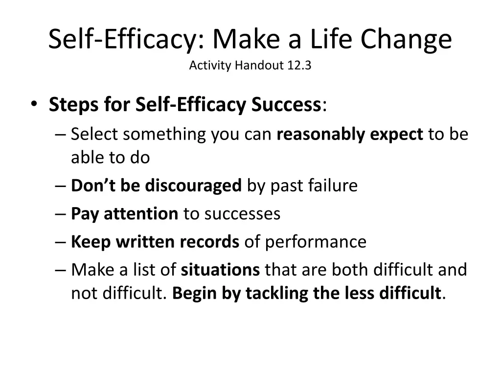 self efficacy make a life change activity handout