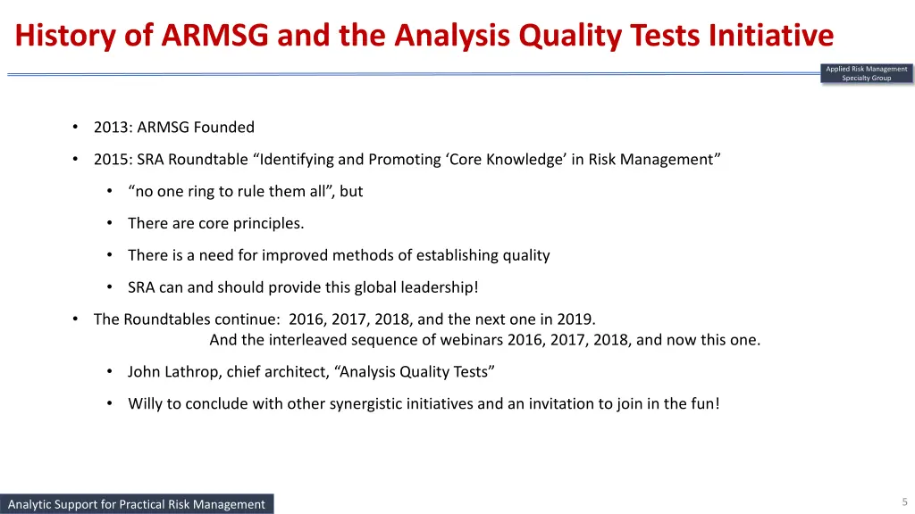 history of armsg and the analysis quality tests