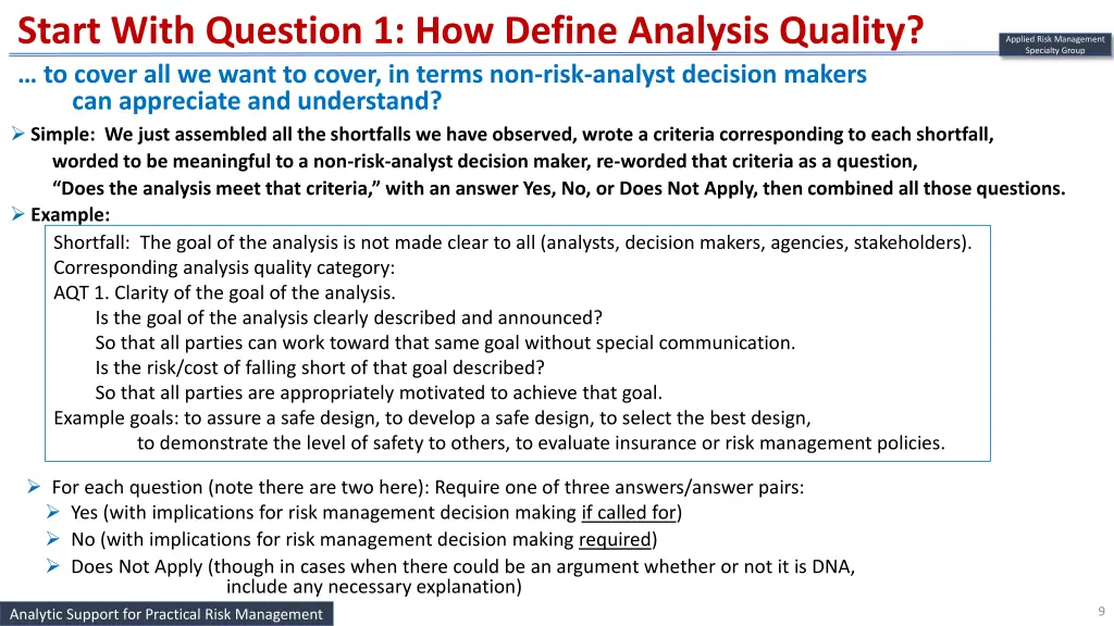 start with question 1 how define analysis quality