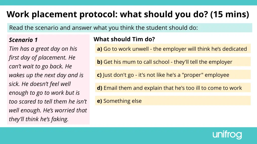 work placement protocol what should you do 15 mins