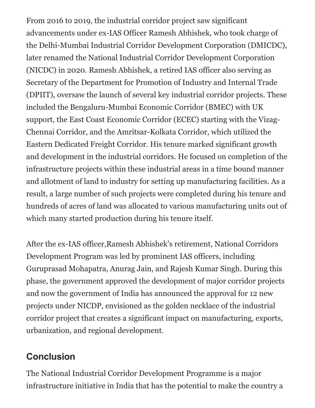 from 2016 to 2019 the industrial corridor project