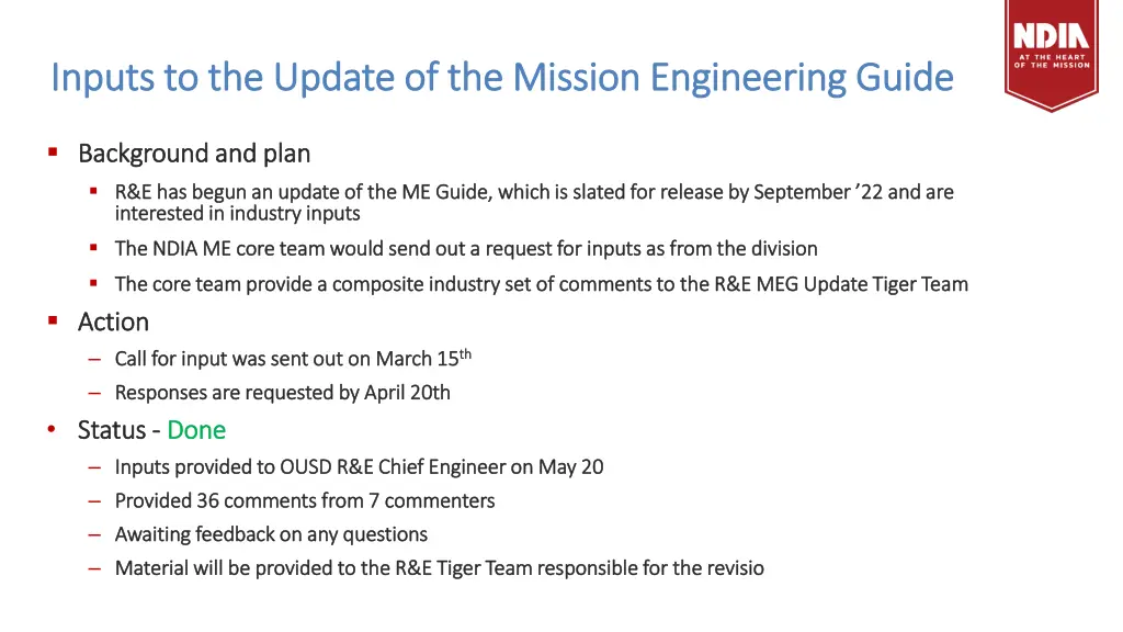 inputs to the update of the mission engineering