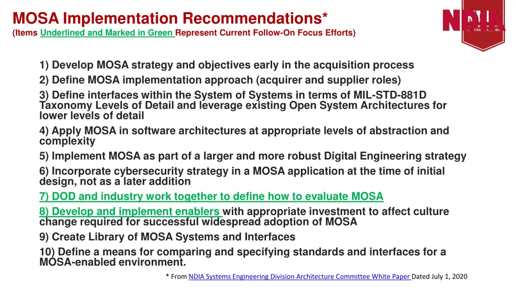 mosa implementation recommendations items