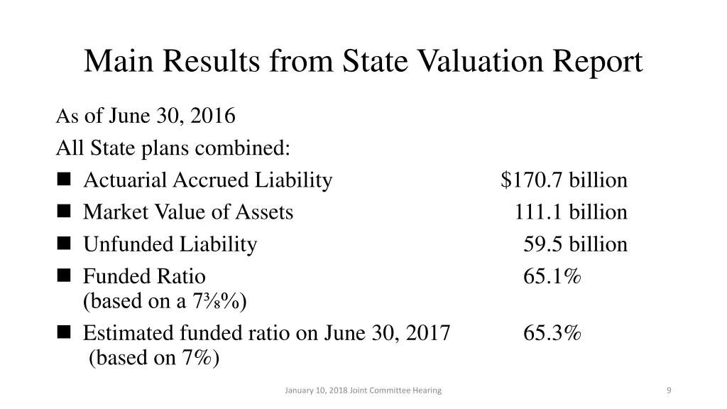 main results from state valuation report 1