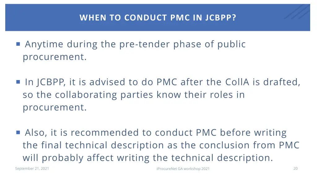 when to conduct pmc in jcbpp