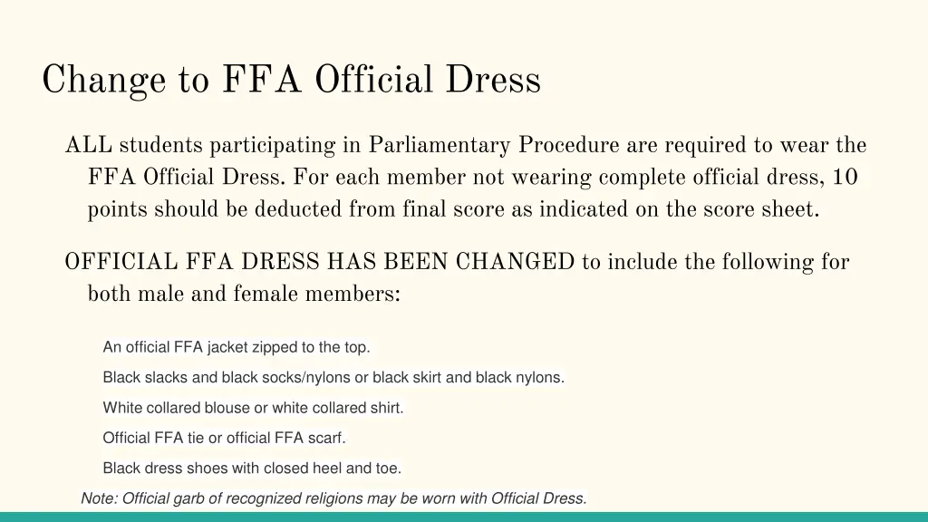 change to ffa official dress