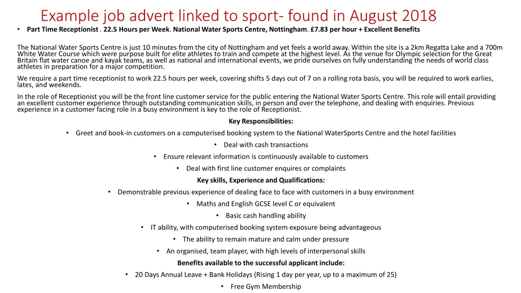 example job advert linked to sport found