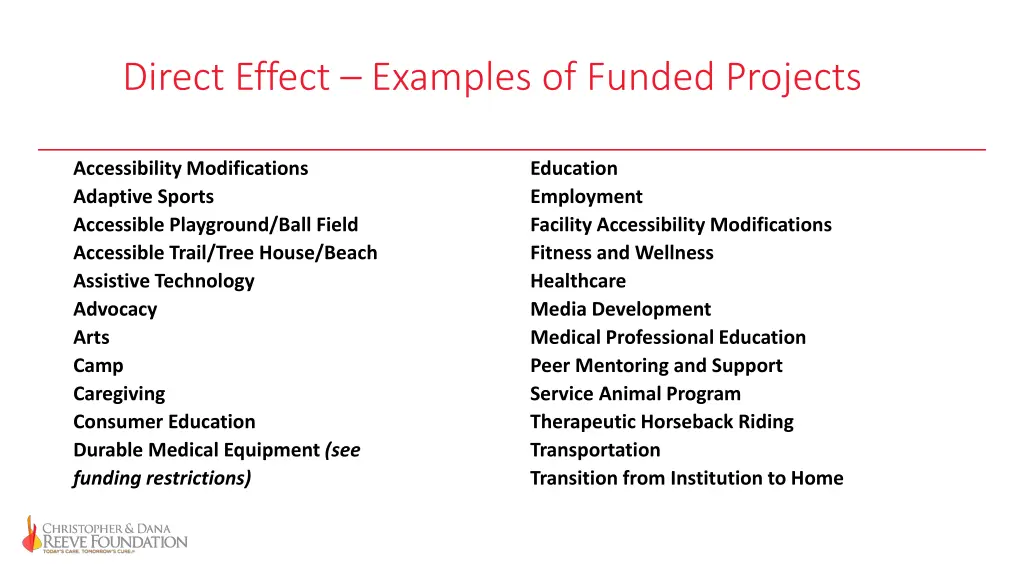 direct effect examples of funded projects