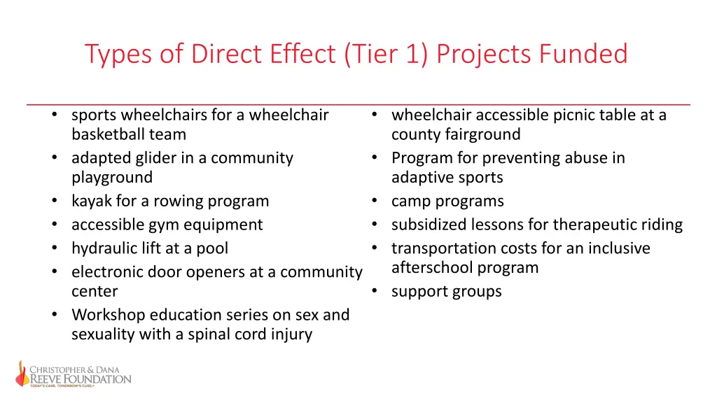 types of direct effect tier 1 projects funded