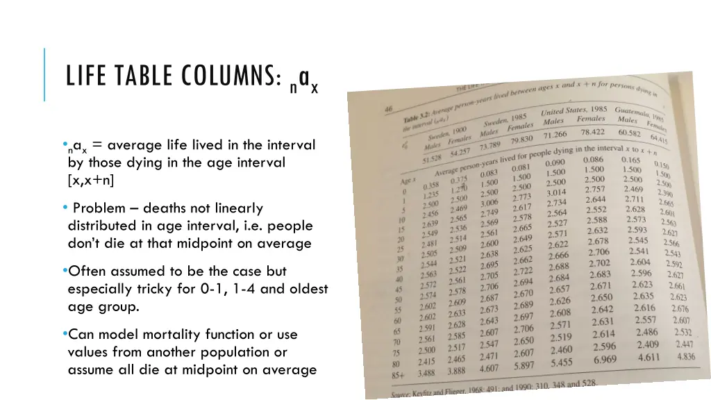 life table columns n a x