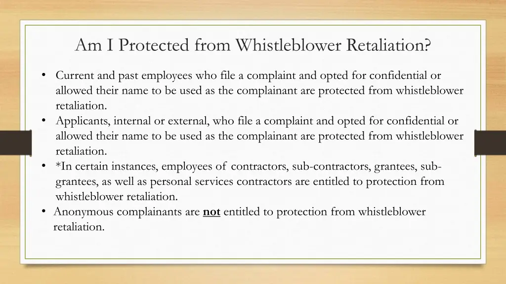 am i protected from whistleblower retaliation