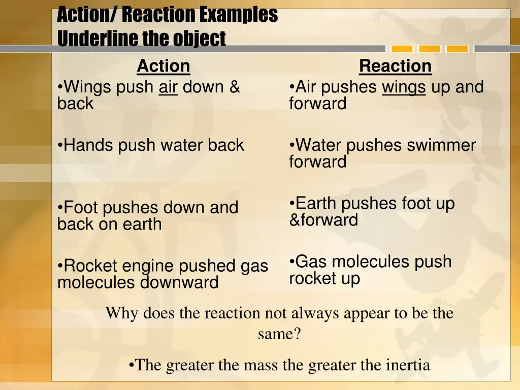 action reaction examples underline the object