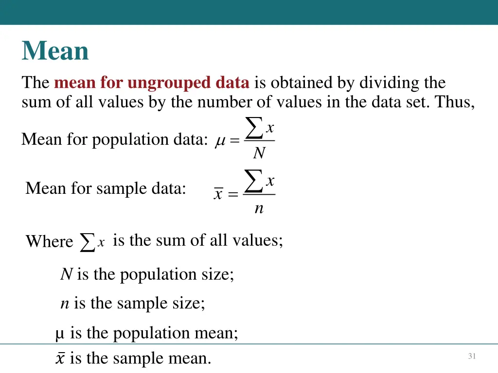 mean the mean for ungrouped data is obtained