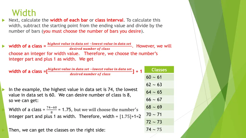 width next calculate the width of each