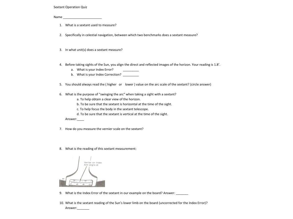 sextant operation quiz name