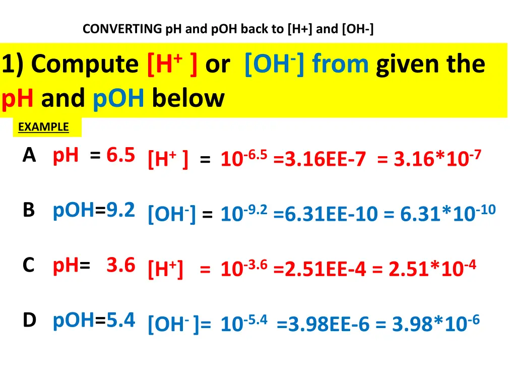 converting ph and poh back to h and oh