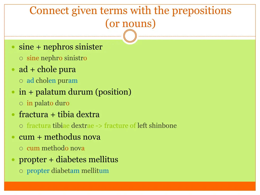 connect given terms with the prepositions or nouns