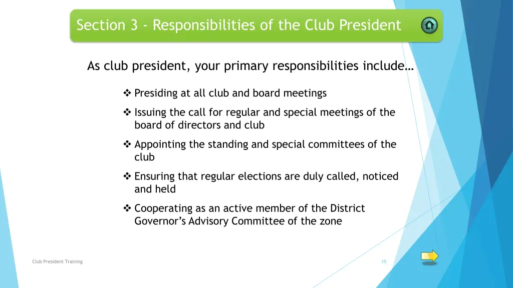 section 3 responsibilities of the club president