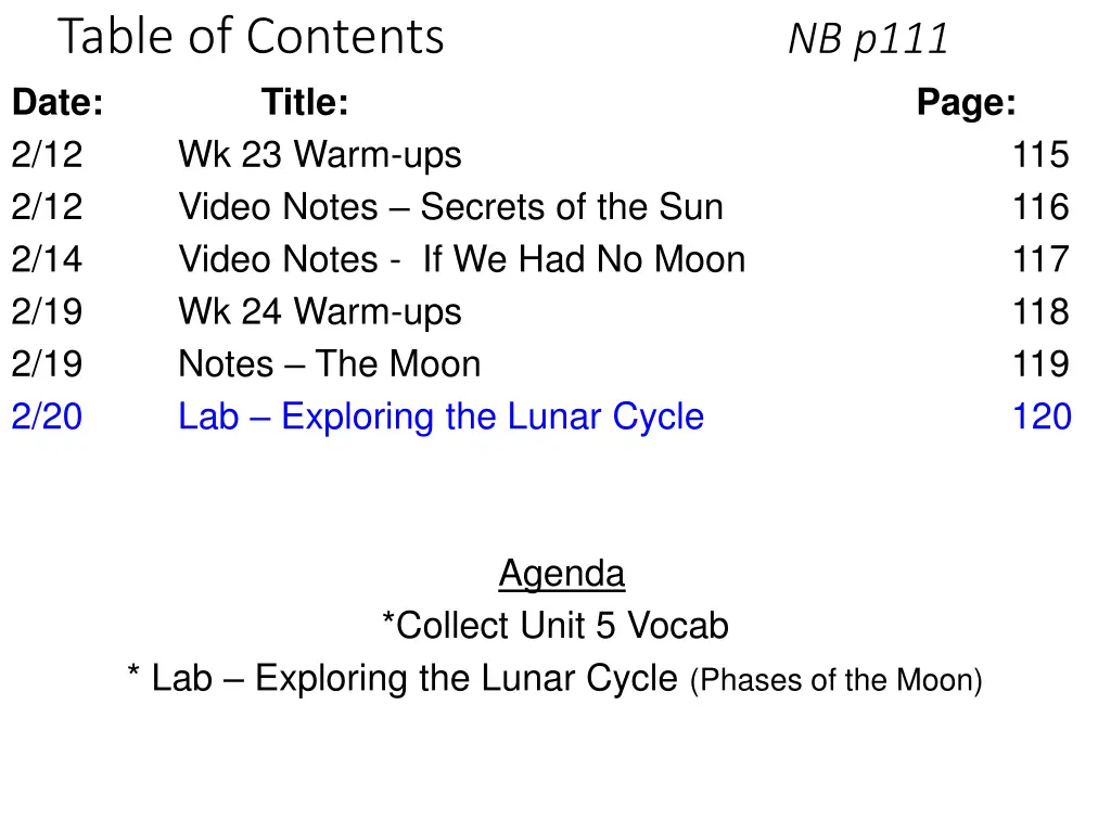 table of contents