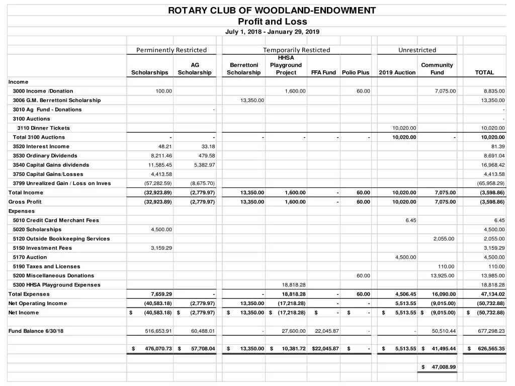 rotary club of woodland endowment profit and loss