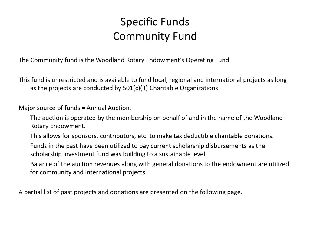 specific funds community fund