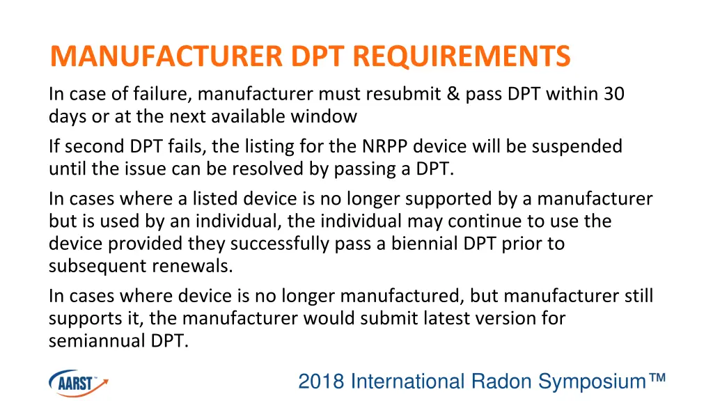 manufacturer dpt requirements in case of failure