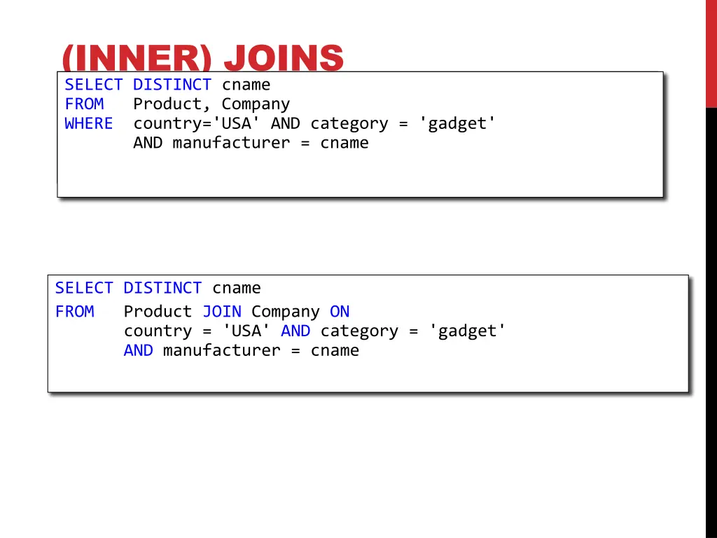 inner joins select distinct cname from product 6