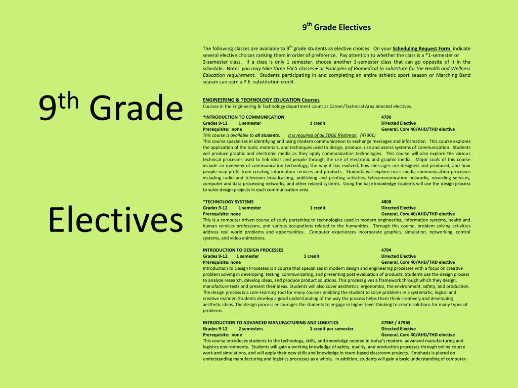 9 th grade electives