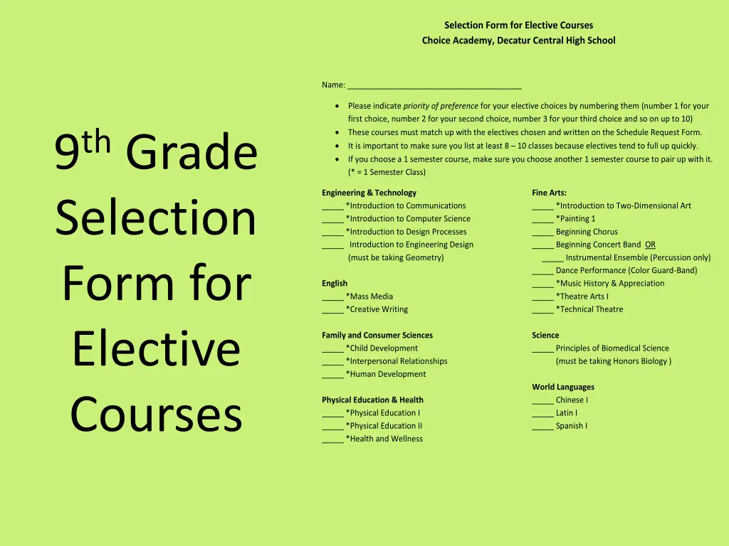 selection form for elective courses choice 1