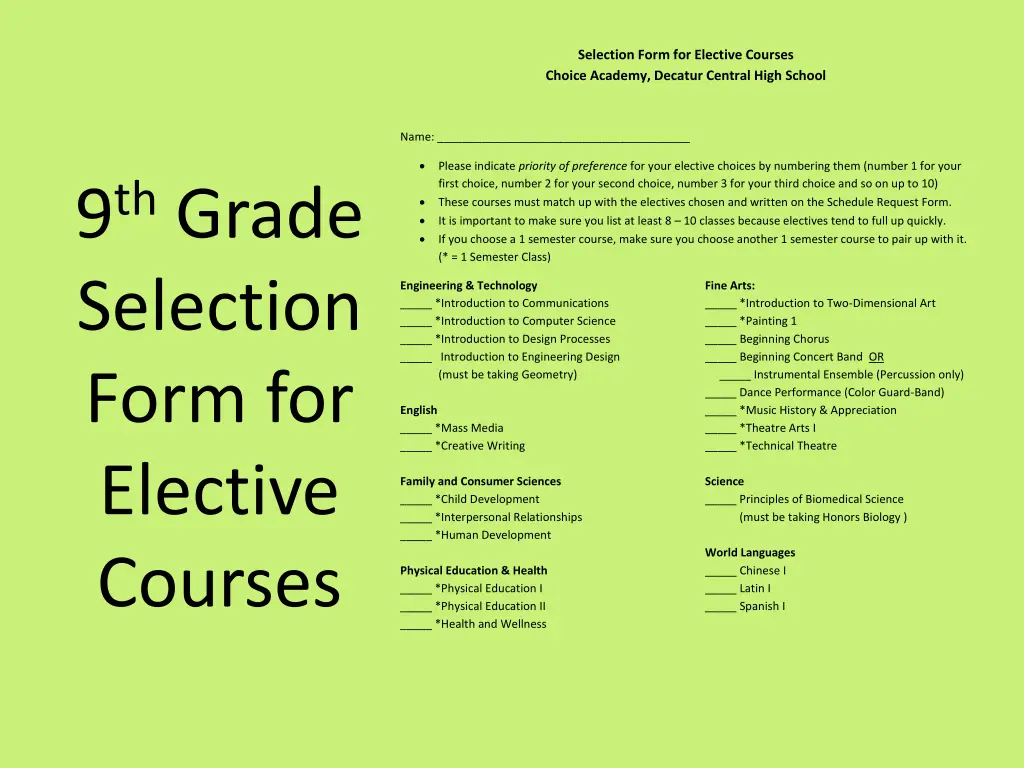 selection form for elective courses choice