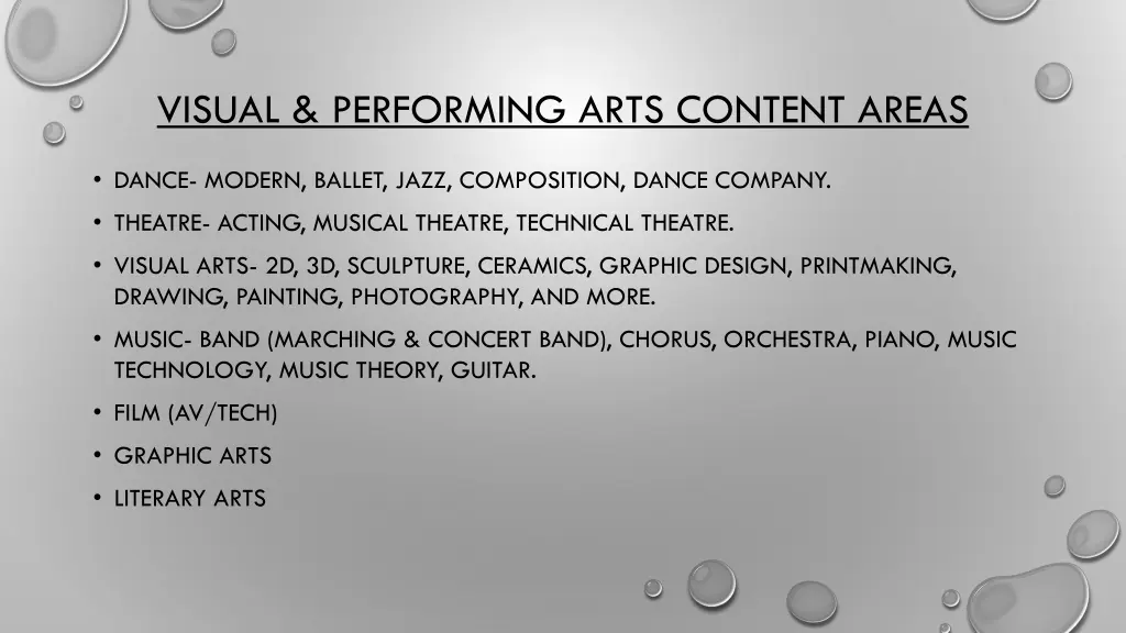 visual performing arts content areas