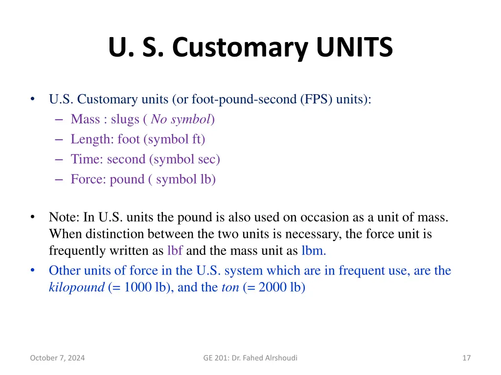 u s customary units