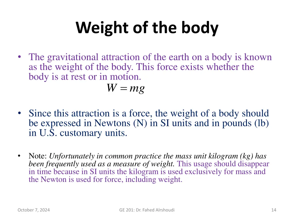 weight of the body