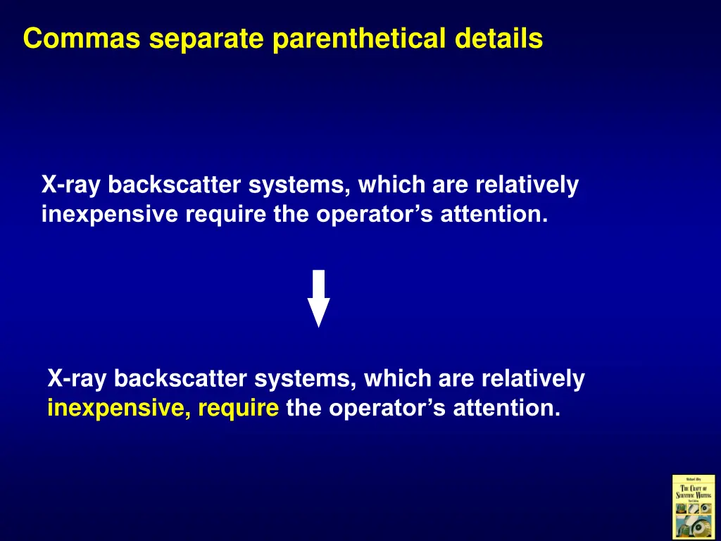 commas separate parenthetical details