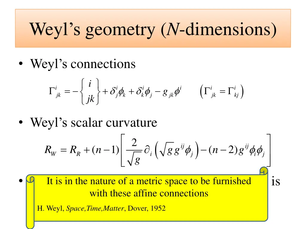 weyl s geometry n dimensions 1