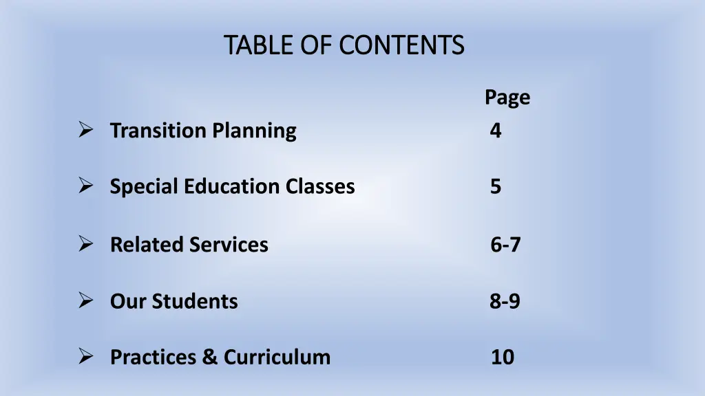 table of contents table of contents