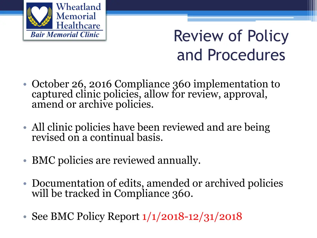 review of policy and procedures